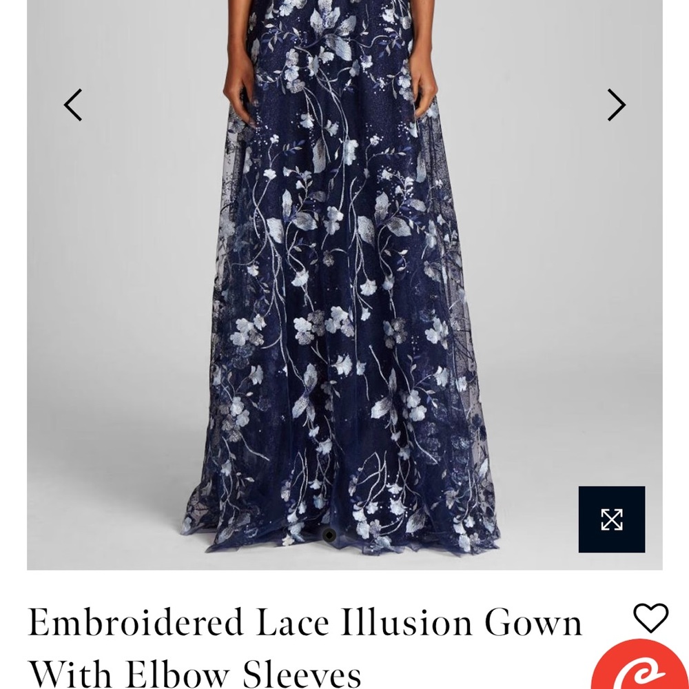 Teri Jon Navy and Silver Floral Embroidered Maxi Gown